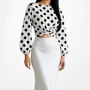 Vintage Y2K White Black Polka Dot Long Puffy Sleeve Pleated Crop Top Size XS